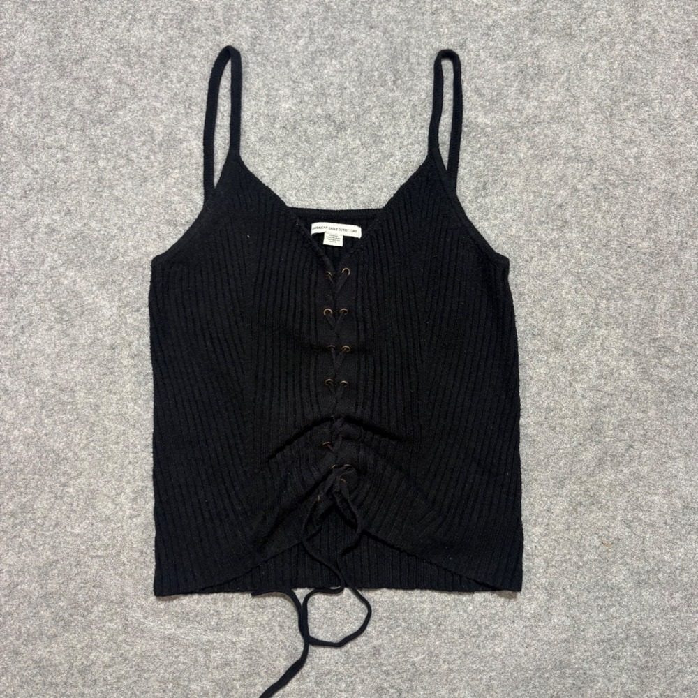American Eagle Outfitters Black Ribbed Lace Up Front Cami Tank Top Medium